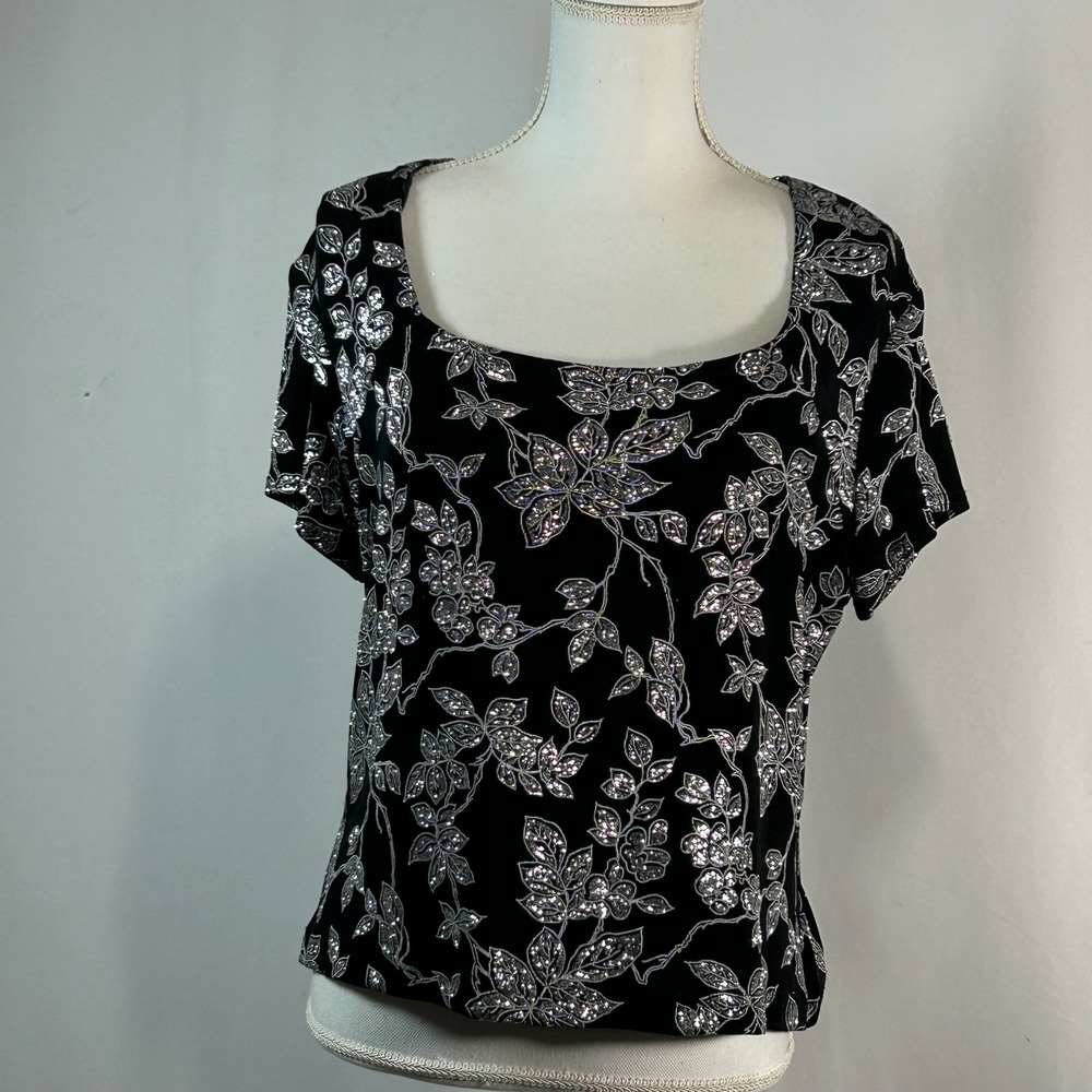 Ronni Nicole by‎ Ouida Black Floral Glitter Square Neck Cap Sleeve Top Women's L